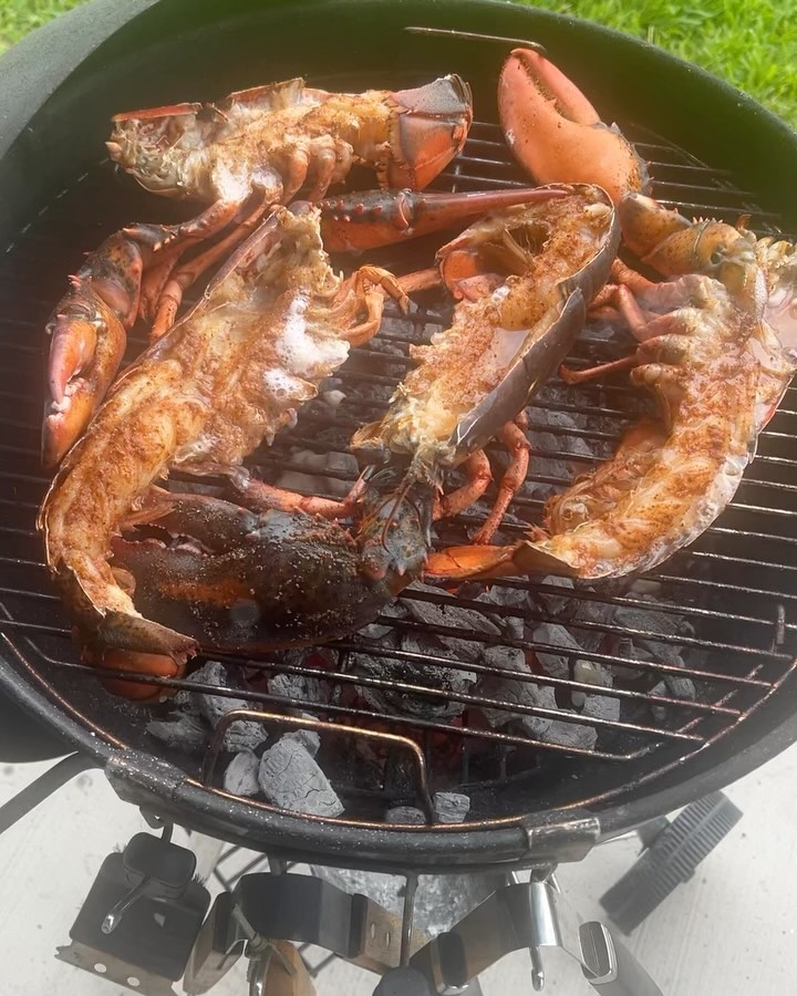 Split lobsters seasoned with spices grill over hot charcoal on an outdoor kettle barbecue.