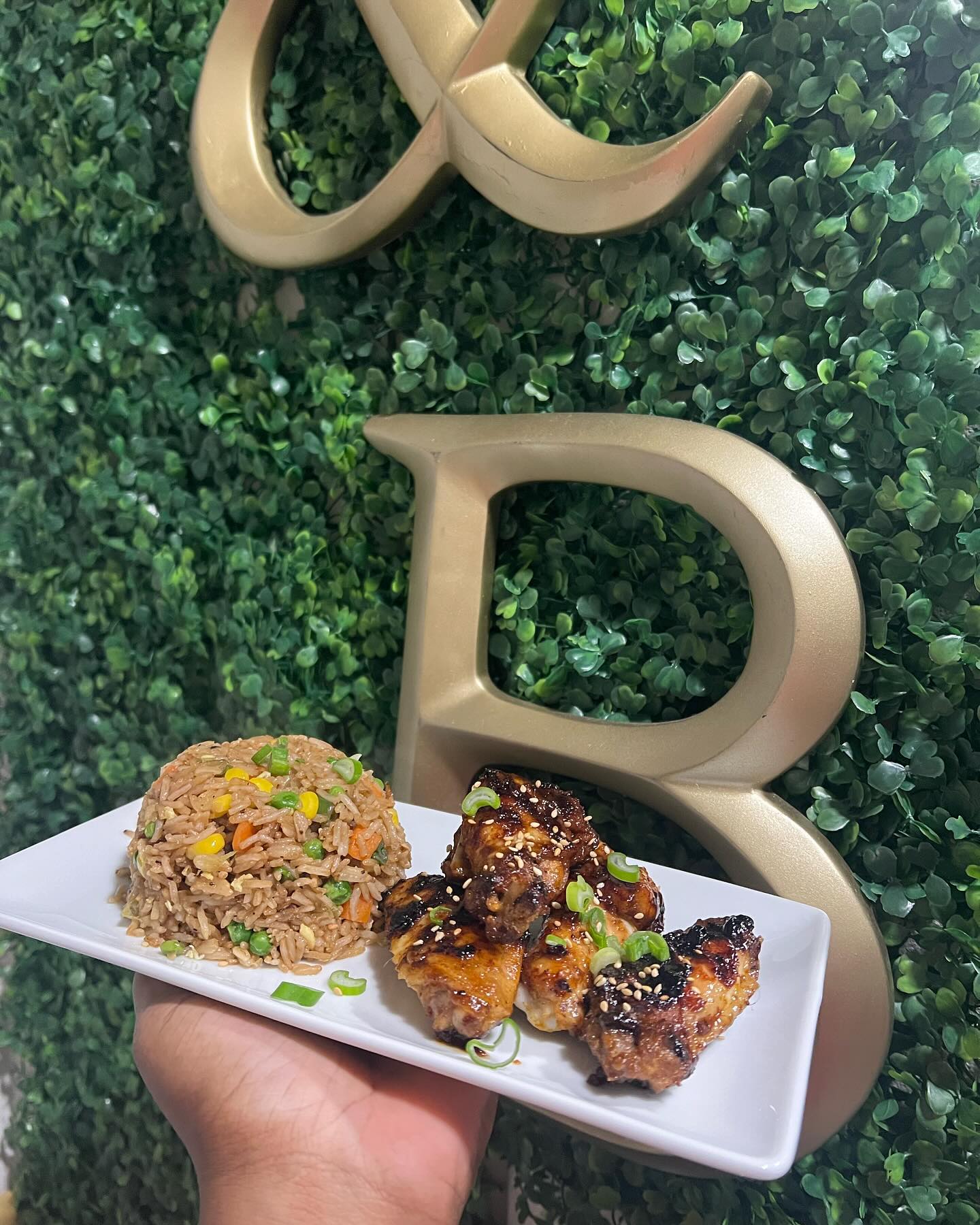 A hand holds a white rectangular plate with a molded mound of vegetable fried rice and glazed chicken wings topped with sesame seeds and green onions against a leafy green wall with gold lettering.